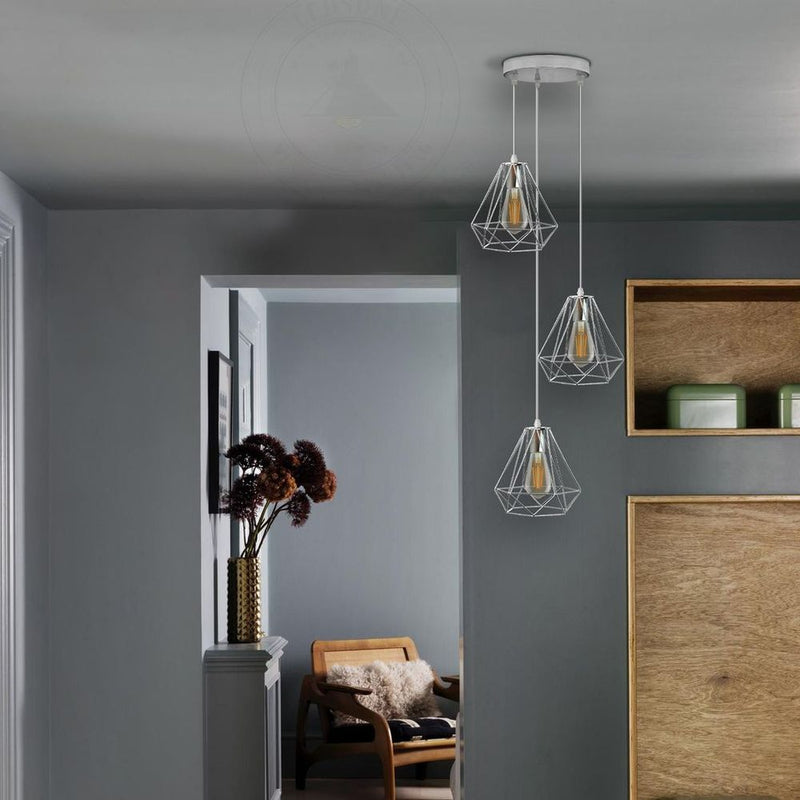 Vintage 3-Head Round Base Chrome Pendant Light | Industrial Wire Cage | E27 Base | 20cm | Rustic Décor