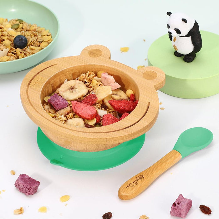 Frog Bamboo Bowl & Spoon Set - All-Natural, BPA-Free, Non-Slip - Perfect for Kids!