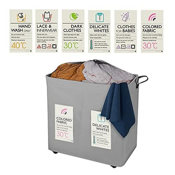 Knight 2 Section Laundry Storage Basket - 120L, Collapsible, Wheels, Mesh Cover - Grey