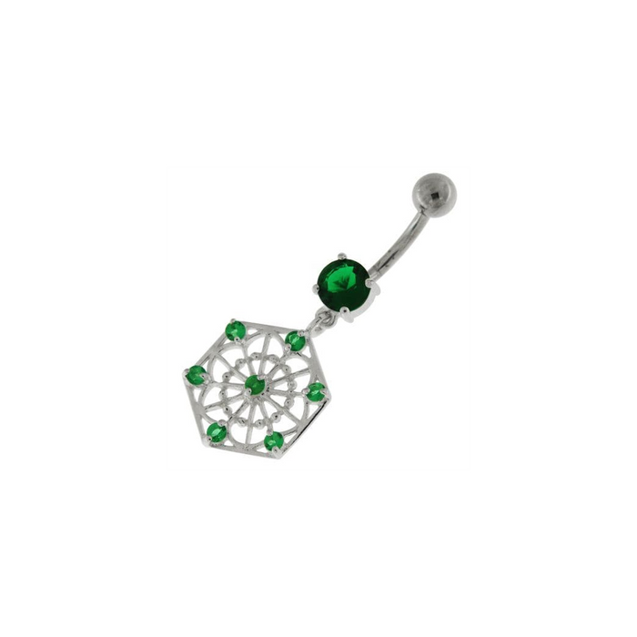 Sterling Silver Jeweled Hexagon Cut out Navel Bar