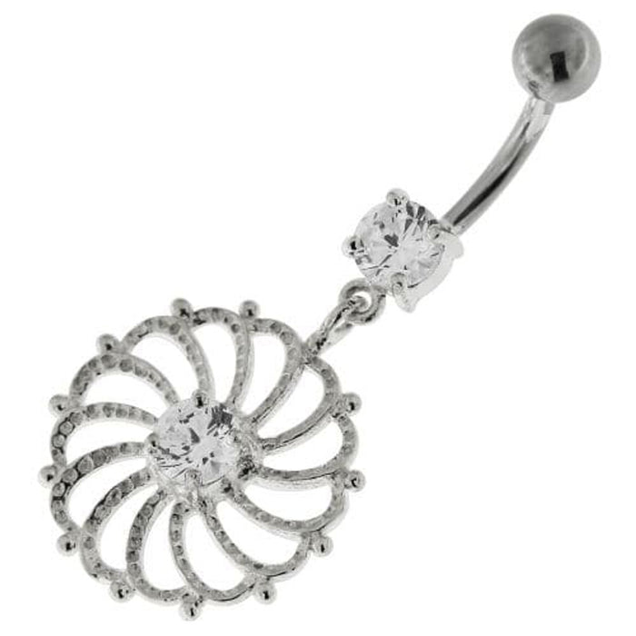 Sterling Silver center Jeweled Swirl Cut out Navel Bar