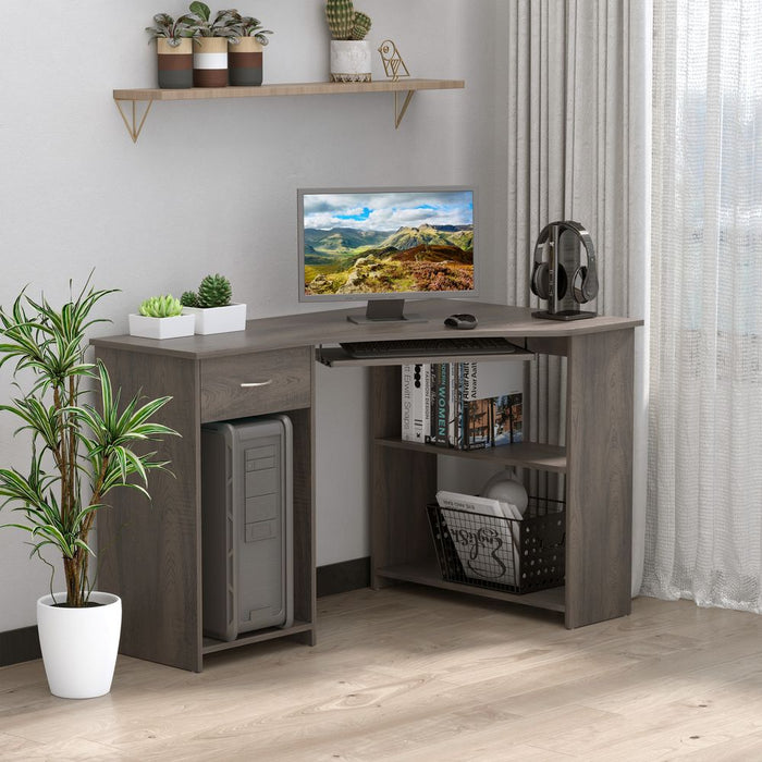 Space-Efficient L-Shaped Grey Computer Desk with 2-Tier Shelves