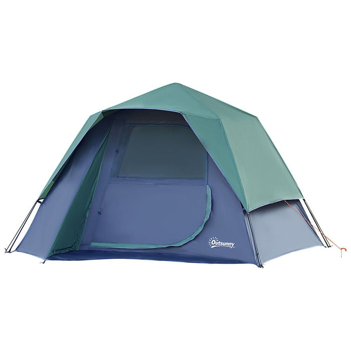 Outsunny Pop up 3 Person Family Camping Tent Waterproof Dome Lightweight Ventilated Easy to Assemble Large Door + 4 Windows Dim. 2.5L x 1.94W x 1.6H m Fibreglass Polyester Oxford Blue Green