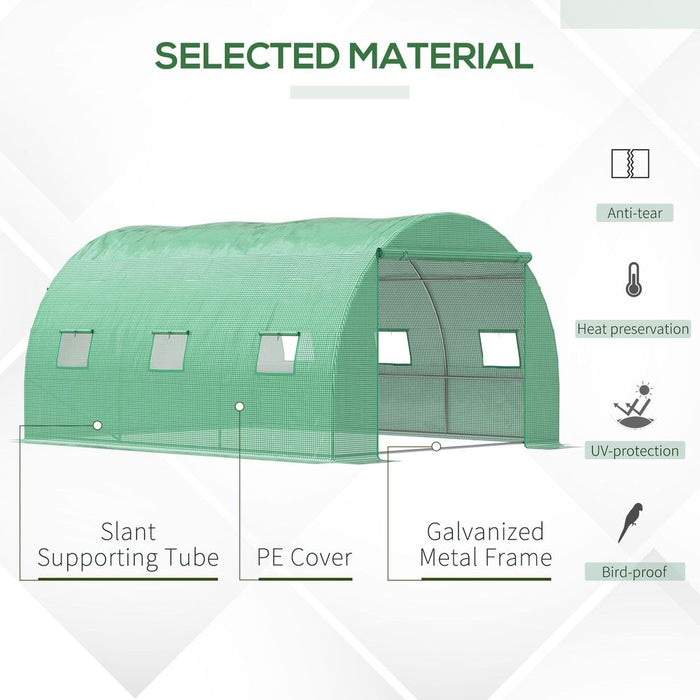 Outsunny Tunnel Greenhouse with Roll-Up Door & 6 Windows - Green