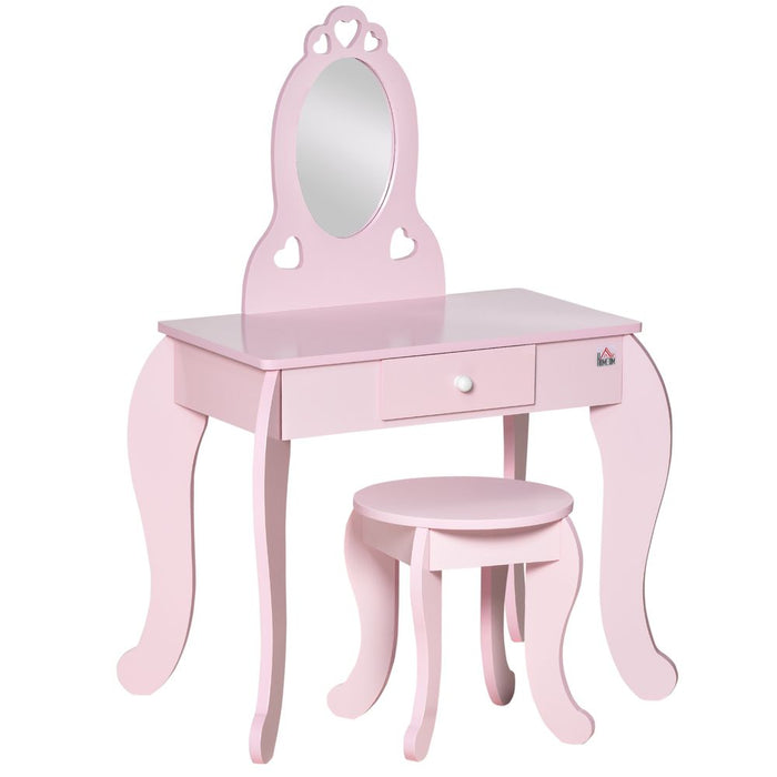 HOMCOM Kids Vanity Table & Stool Girls Dressing Set Make Up Desk Chair Dresser Play Set with Mirror Pink