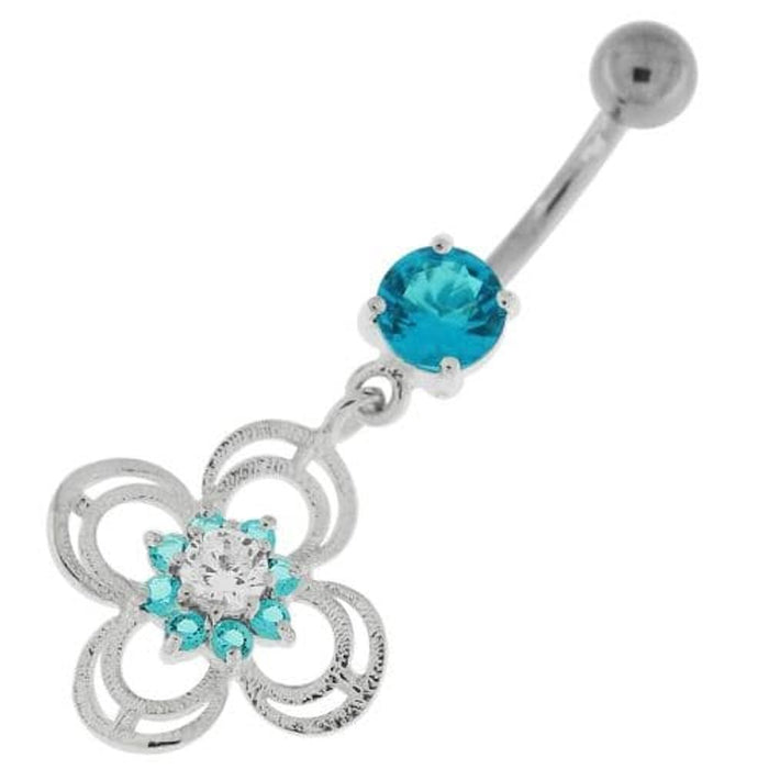 Flower With Bow Jeweled Silver Belly Button Ring