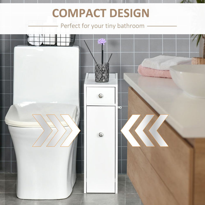 HOMCOM Bathroom Slim Floor Cabinet Narrow Wooden Storage Home Bath Toilet Cupboard Organiser Unit with Drawers White