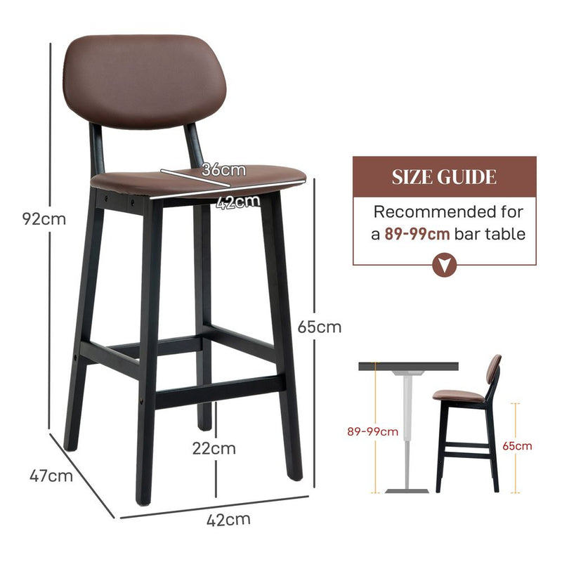 HOMCOM Breakfast Bar stools Set of 2 with PU Leather Cover, Wood Legs, Brown
