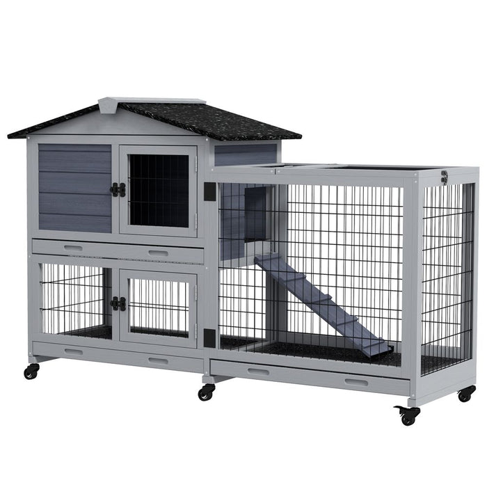 PawHut Large Rabbit hutch Outdoor Indoor w/ Wheels, Three Slide-Out Trays, Ramp