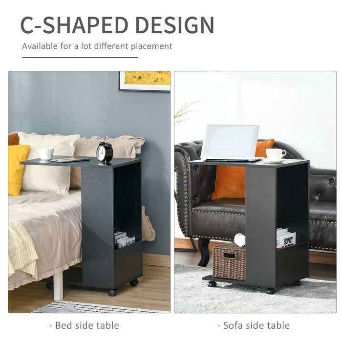 Mobile Sofa Side Table for Laptop Coffee w/ Storage and Casters, Black