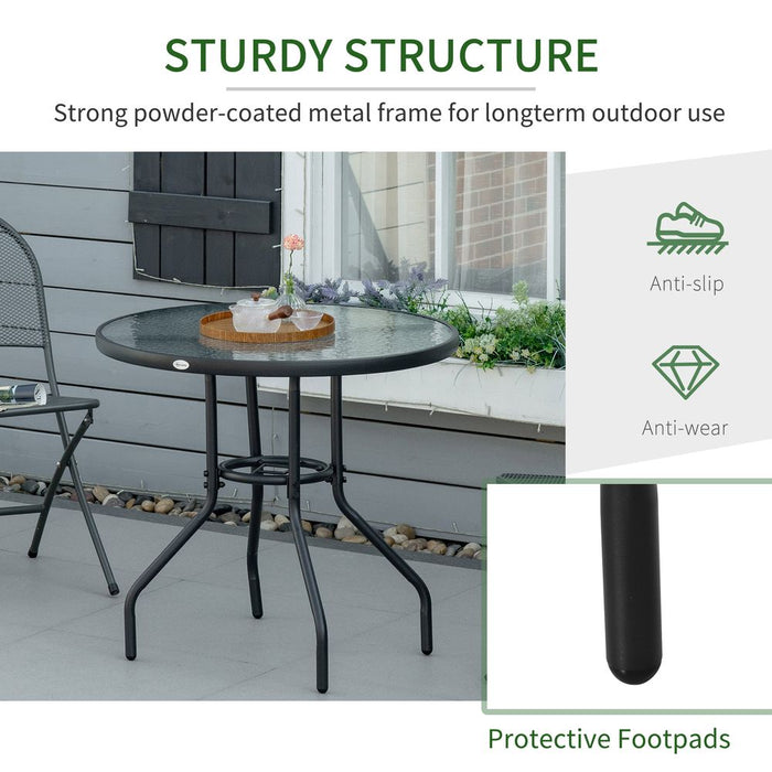 Outdoor Round Dining Table Tempered Glass Top Steel w/ Parasol Hole 80cm