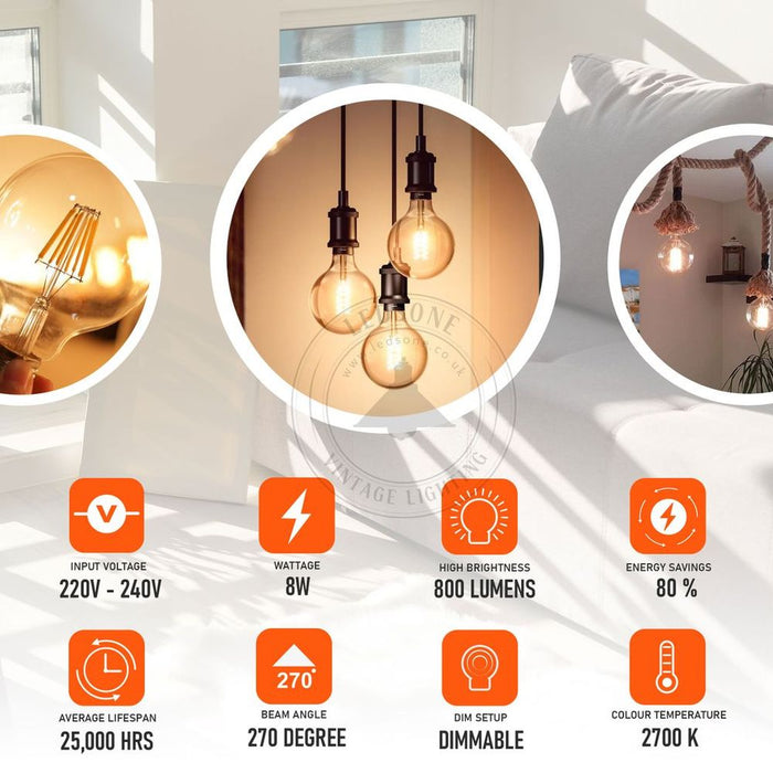 Vintage Amber LED Filament Bulb - G125 E27 8W, Retro Style, High Quality, Long Lasting
