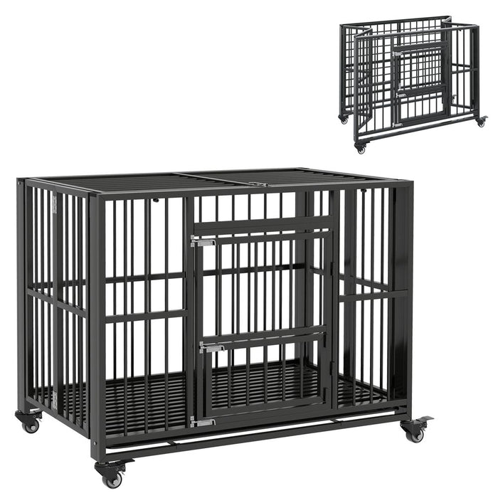 Premium PawHut 43" Foldable Heavy Duty Dog Crate - Locks, Tray, Wheels