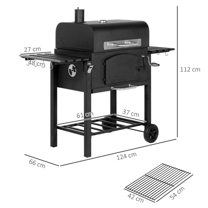 Premium Outsunny BBQ Grill Trolley w/ Adjustable Height & Thermometer - Perfect for Smokey Flavors and Large Gatherings