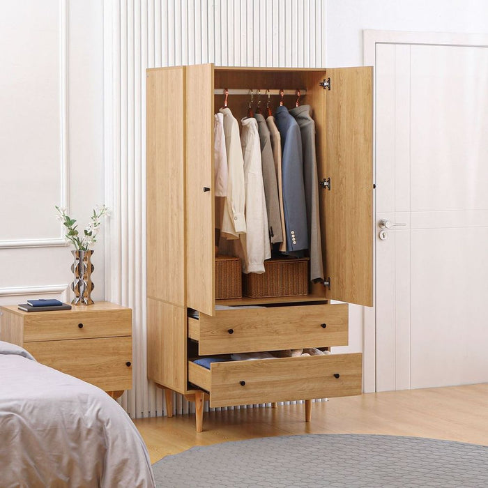 Modern Wardrobe with 2 Drawers, Hanging Rail, Clothes Organizer for Bedroom