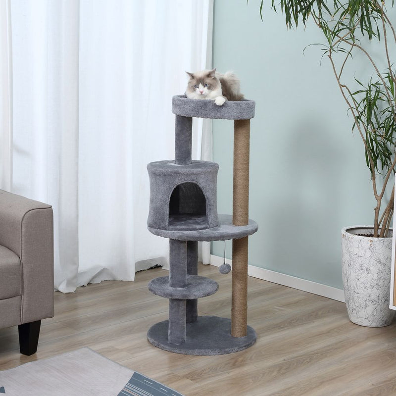 PawHut 104 cm Cat Tree, Cat Condo Tree Tower, Cat Activity Centre with Scratching Posts, Plush Perch, Hanging Ball - Grey