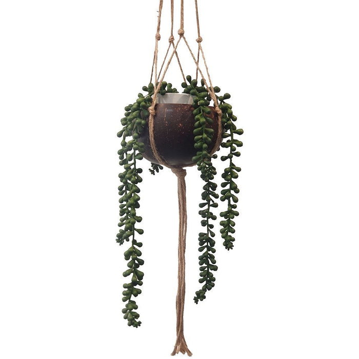 Vie Naturals Coconut Shell Pot Holder with Jute Macrame Rope for Hanging - Eco-Friendly & Sturdy - Brown