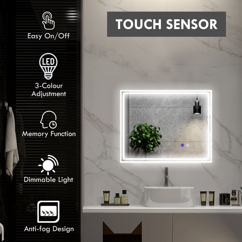 kleankin Dimmable Bathroom Mirror with LED Lights, 3 Colours, Defogging Film