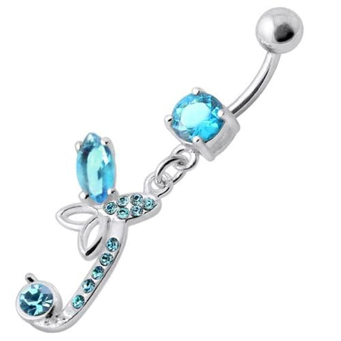 Sterling Silver Fancy Butterfly Jeweled Dangling Curved Bar Belly Ring