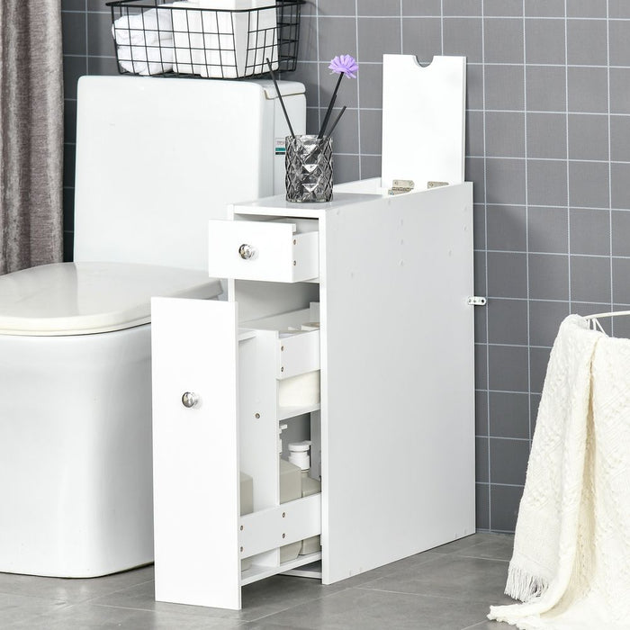 HOMCOM Bathroom Slim Floor Cabinet Narrow Wooden Storage Home Bath Toilet Cupboard Organiser Unit with Drawers White