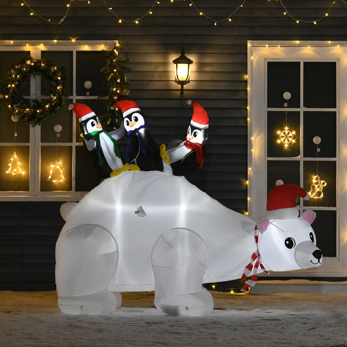 HOMCOM 5ft Outdoor Christmas Inflatable with LED Light, Lighted Blow up Polar Bear with Three Penguins, Giant Yard Party Decoration for Home Garden Lawn Party Prop