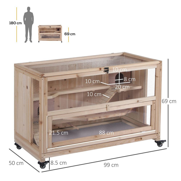 PawHut Wooden Hamster Cage, Mice Rodent Small Animals Kit Hutch, 3 Tiers Exercise Play House, with Wheels, Bottom Tray, 99 x 50 x 69 cm, Natural Wood