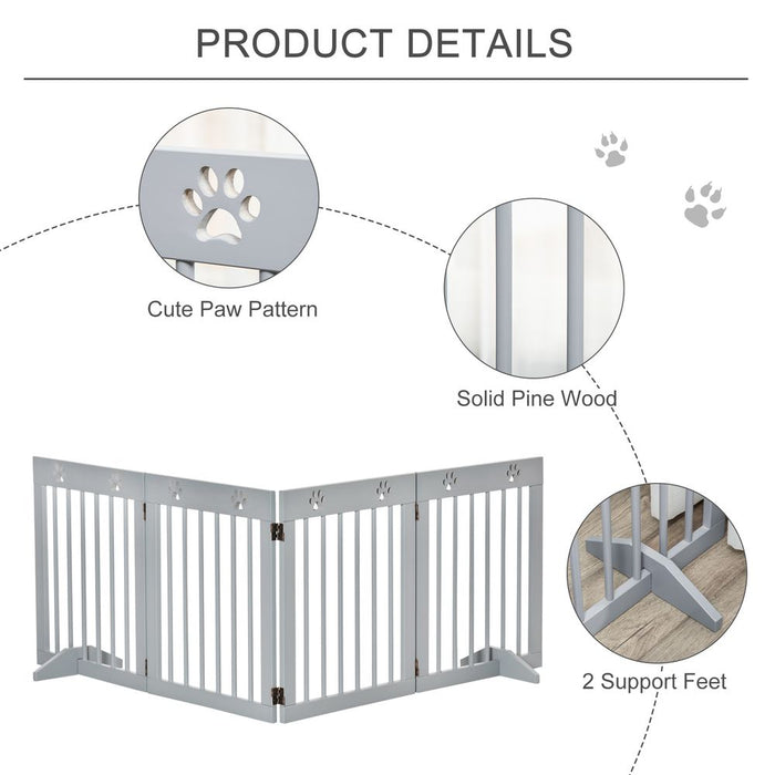 PawHut Dog Barrier 4-Piece 204 x 61 cm Foldable Door Safety Gate with 2 Support Feet, Freestanding Dog Gate, Wooden Stair Gate for Hallway, Stairs, Light Grey