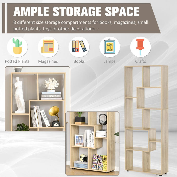 178cm 8-Shelf Bookcase | Melamine Surface | Oak Tone | Multipurpose 8-Grid