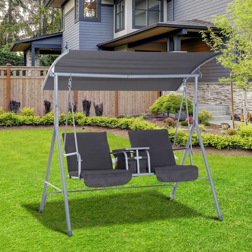 Steel Frame 2-Seater  Swing Chair w/ Table Grey