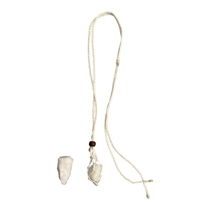 Macrame Necklace, White Agate Tumbled, with White Agate Rough Cut