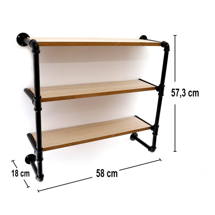 Industrial Black Pipe & Wooden Shelves - Rustic Décor - 58cm