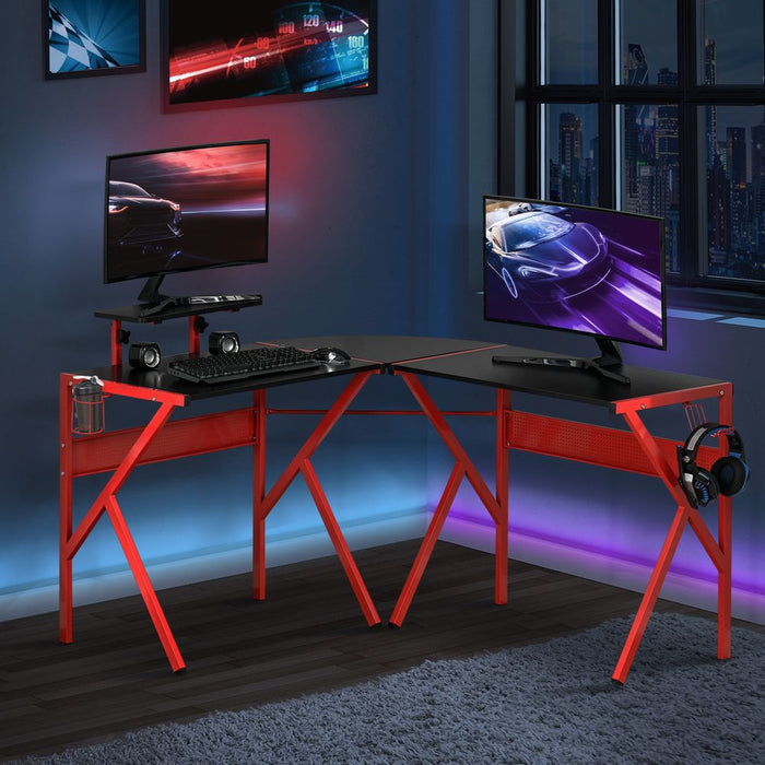 Premium Gaming Desk: L-Shaped PC Workstation, Monitor Stand, 49.25" x 49.25" x 29.5", Red