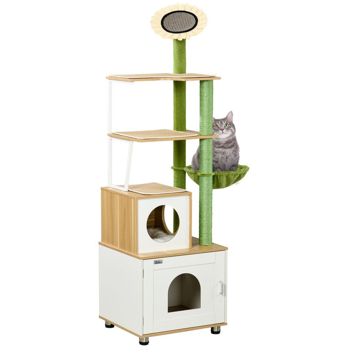 Ultimate PawHut Cat Tree - Litter Box, Scratching Post, Cat House, Hammock - Oak