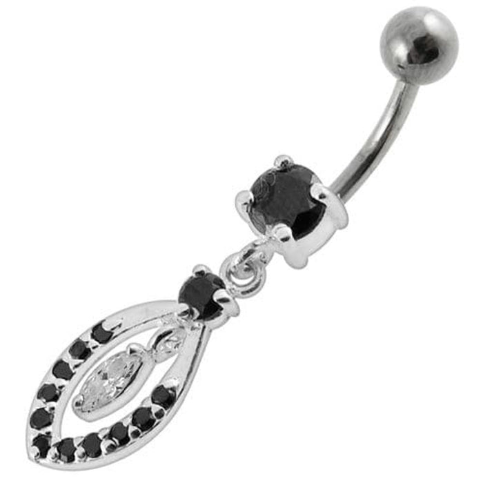 Jeweled Fancy Silver Dangling SS Bar Banana Belly Ring