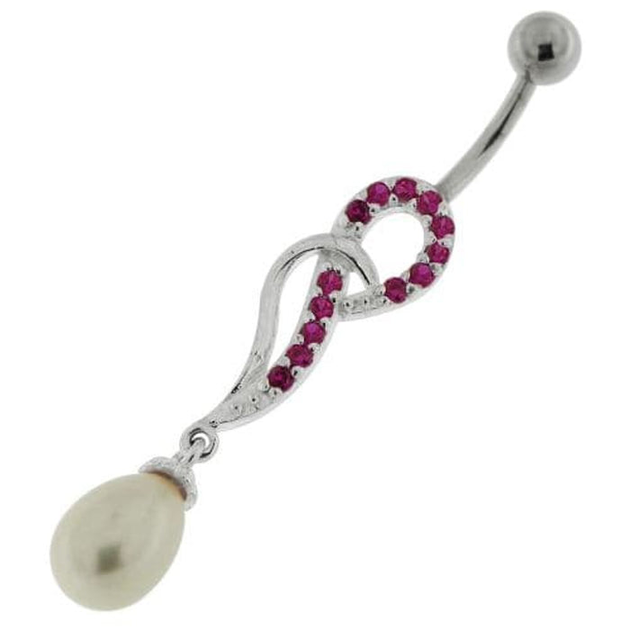 Jeweled Fancy Pearl Silver Dangling Curved Bar Belly Ring