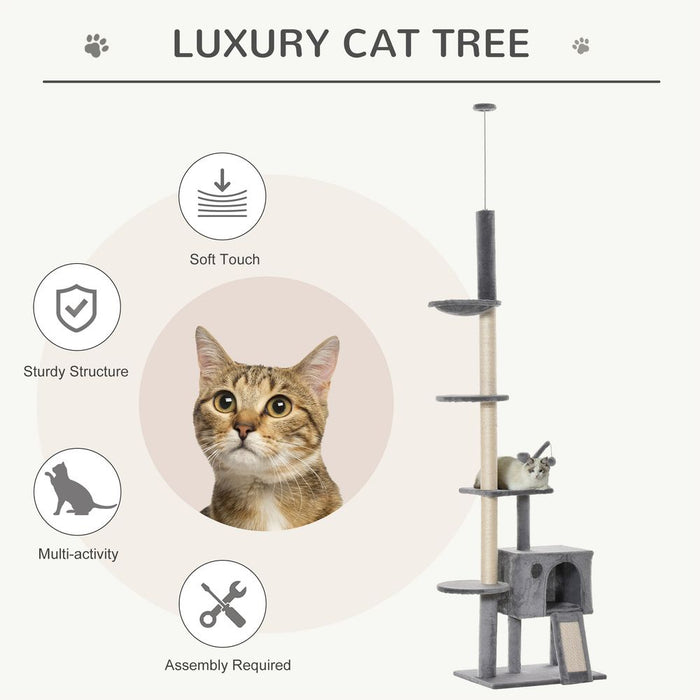 Floor-to-Ceiling Cat Tree Tower w/ Scratching Post, Hammock, House - Grey