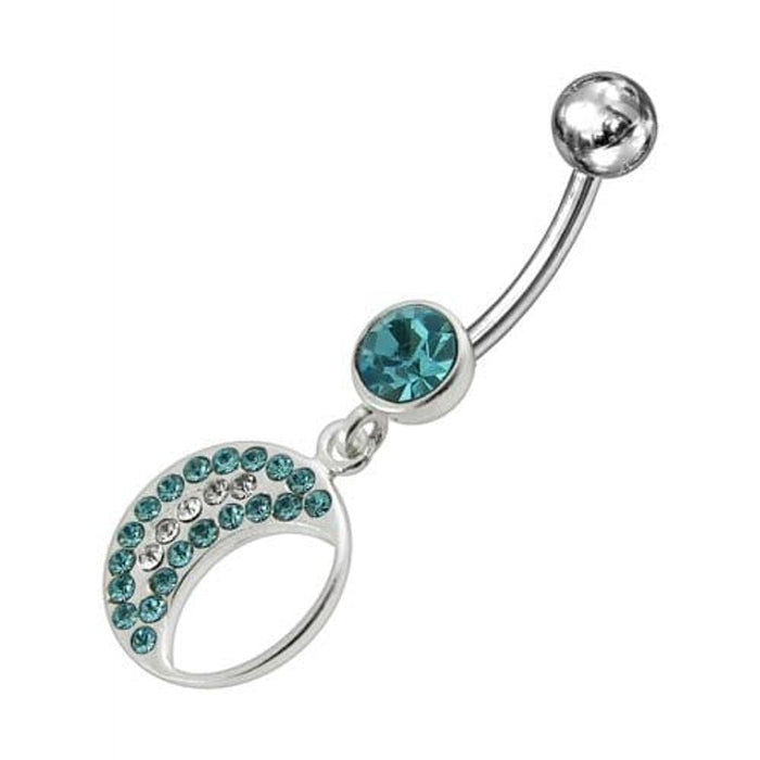 Jeweled Fancy Half MOON Silver Dangling Curved Bar Navel Ring