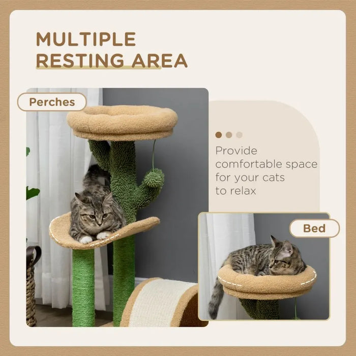 72cm Cat Tree w/ Bed, Toy Ball, Sisal Post, Curved Pad - Beige & Green