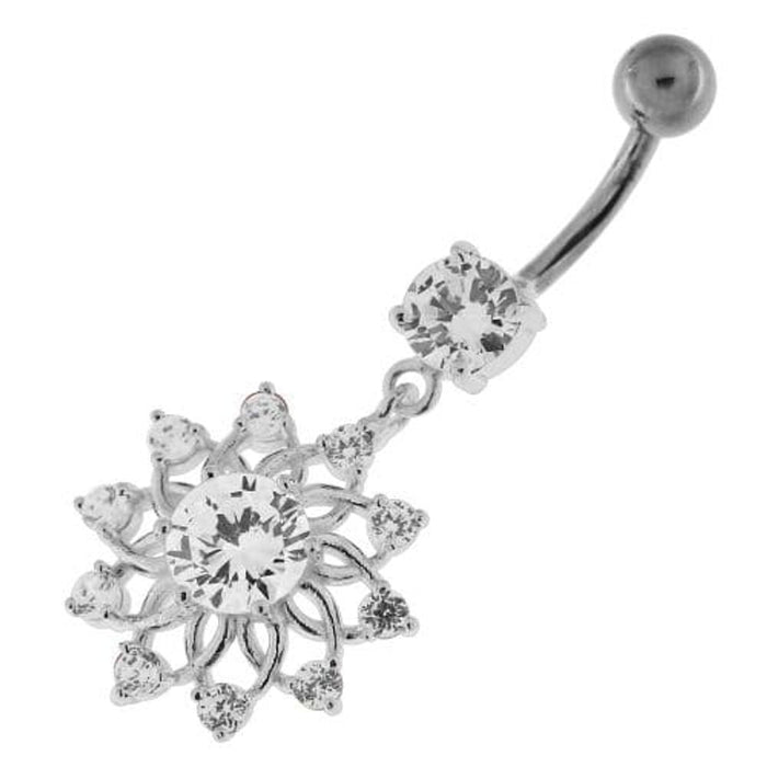 Jeweled Lotus Flower Sterling Silver Belly Button Ring