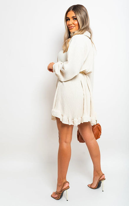 High-Quality Sofia Long Sleeve Pleated Button Up Mini Dress