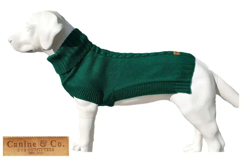 The Jazz Dog Jumper in Green - Contemporary Cableknit Design, Lycra Strengthened Rolleck, Leg Slits - Best Quality