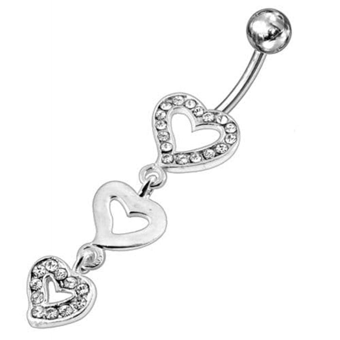 Triple Jeweled Heart Silver Dangling SS Navel Banana Ring