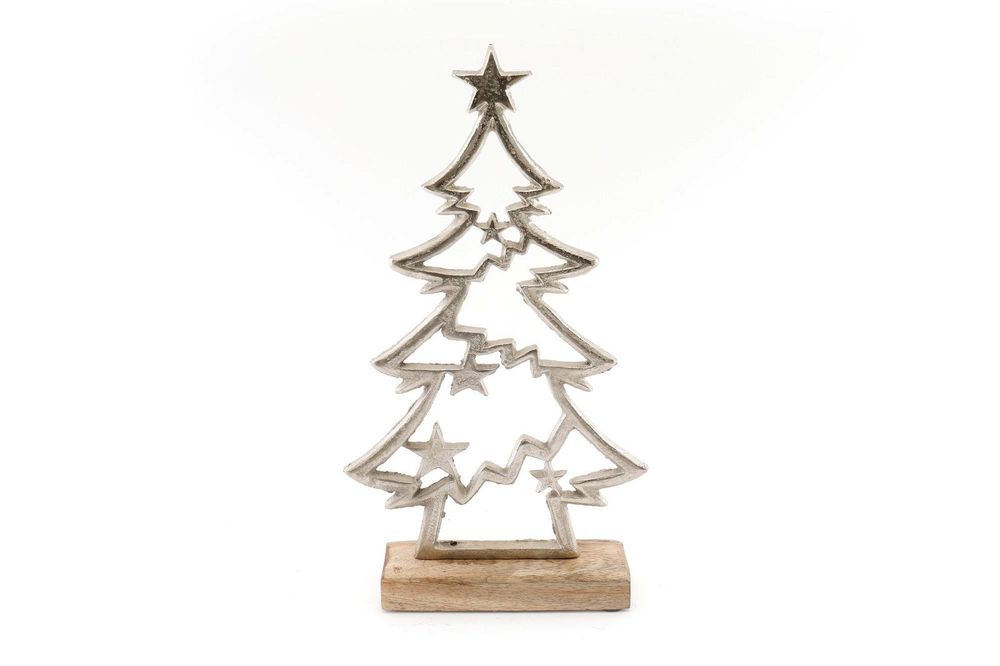 Premium Silver Christmas Tree with Stars on Wood Base