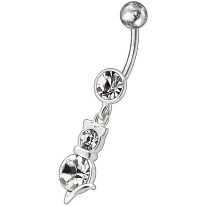 Silver Fancy cat with Single Stone Jeweled Dangling Belly Ring