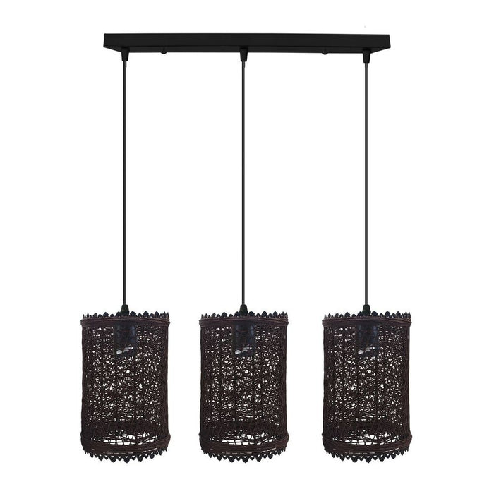 Vintage 3 Head Rattan Ceiling Pendant Light - Natural Wicker, Rectangular Base - Best Quality