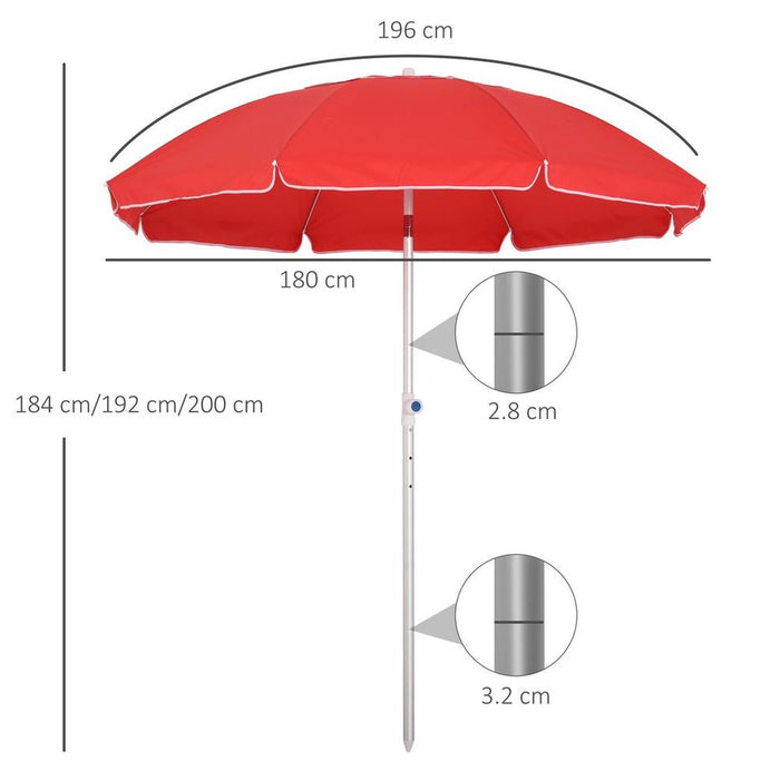 High-quality 1.96m Beach Umbrella w/ Aluminium Frame & Bag- Red