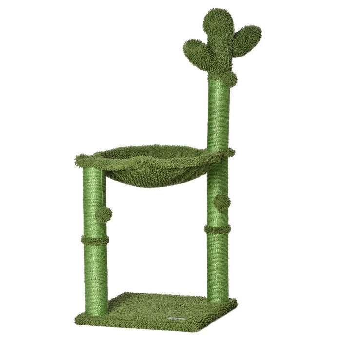 PawHut Cactus Cat Tree Tower for Indoor Cats Sisal Scratching Post with Hammock Bed Dangling Ball 40 x 40 x 96 cm