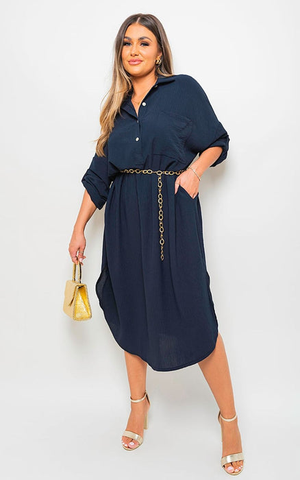 Stunning Rosie Button Down Midi Dress with Pull-Up Sleeves!