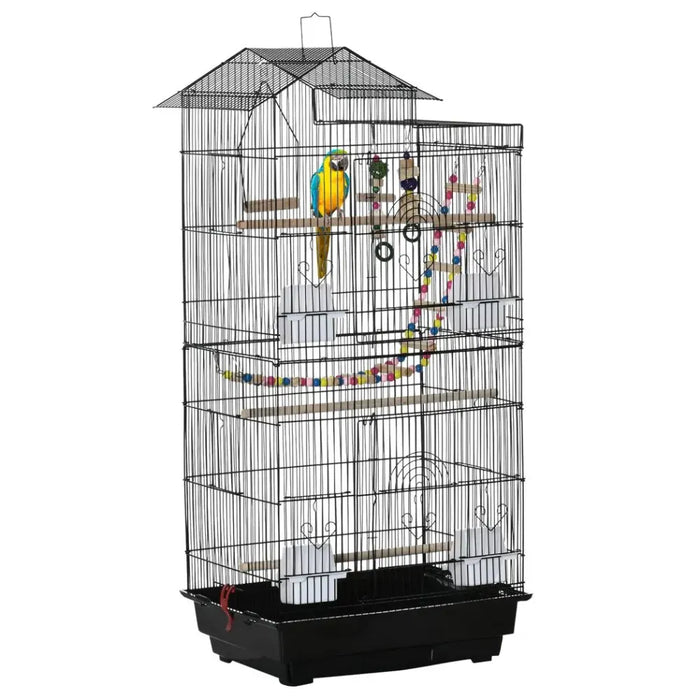 Metal Bird Cage for Budgies, Finches w/ Accessories, Toys, Tray, Handle - Black