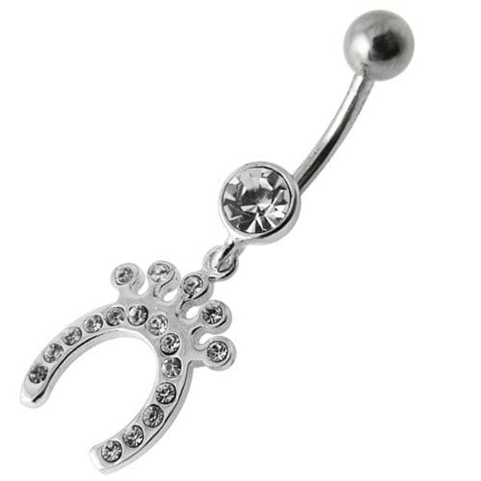 Silver Horseshoe Jeweled Dangling SS Bar Belly Ring